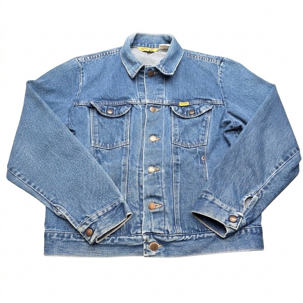 VTG Rustler Denim Trucker Jacket Made in USA Size L 100% Cotton 13oz Western 90s